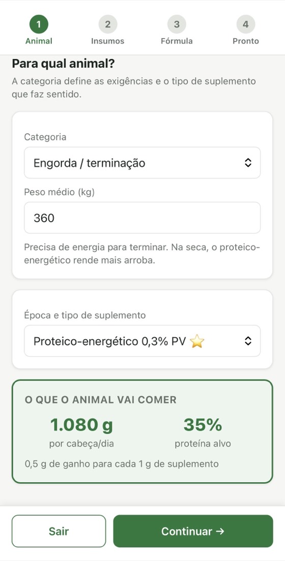 Tela do FORJA no passo 1, escolhendo a categoria e o peso do animal