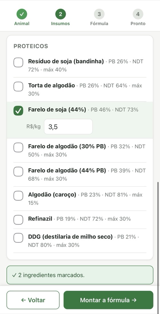 Tela do FORJA no passo 2, marcando os ingredientes disponíveis e os preços