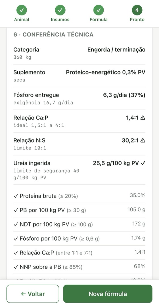 Tela do FORJA no passo 4, com a conferência técnica da fórmula